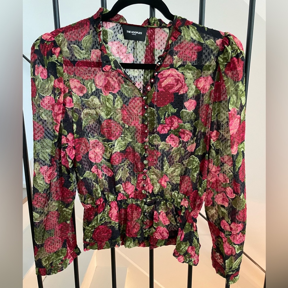 The Kooples Paris Red and Green Silk Floral Blouse Size 2